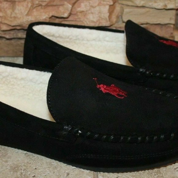 POLO RALPH LAUREN MEN'S SUEDE SLIPPERS BLACK RED - Picture 2 of 5